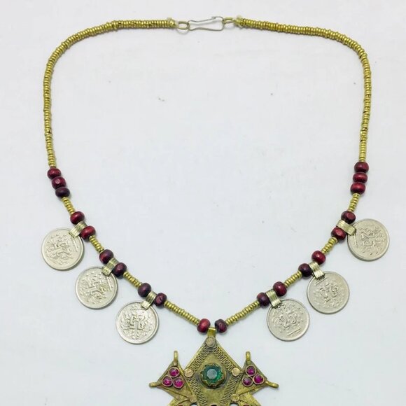 Vintage Coins Pendant Necklace, Metal And Wooden Beaded Chain Necklace - Picture 7 of 12